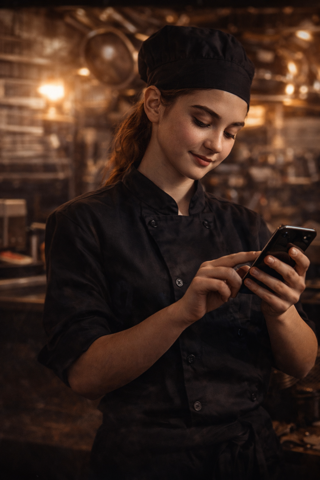 Junge Köchin nutzt ihr Smartphone in der Küche